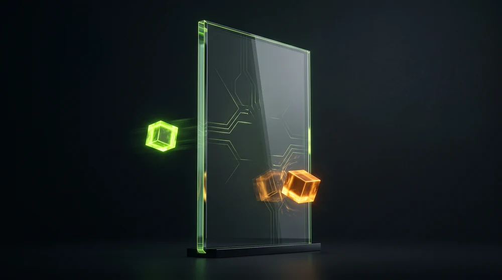 Blocks advance toward a vertical panel: one is held outside, another continues through in green.