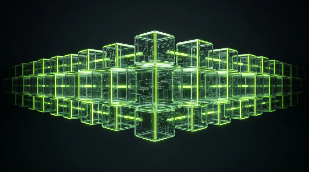 A lattice of glass cubes forming one continuous layer, its edges lit in lime.