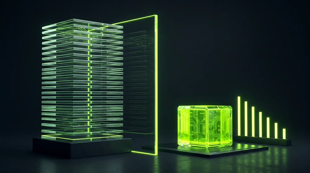 A tall stack of glass layers passes through a plane and emerges as a single dense, glowing cube beside descending bars.