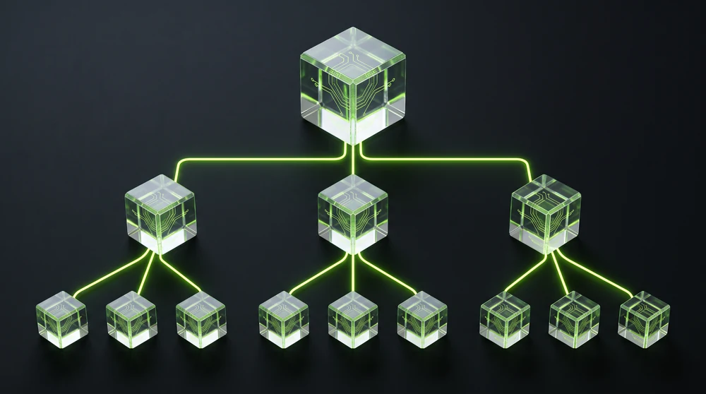 A large glass cube branches into smaller cubes, forming a hierarchy tree.