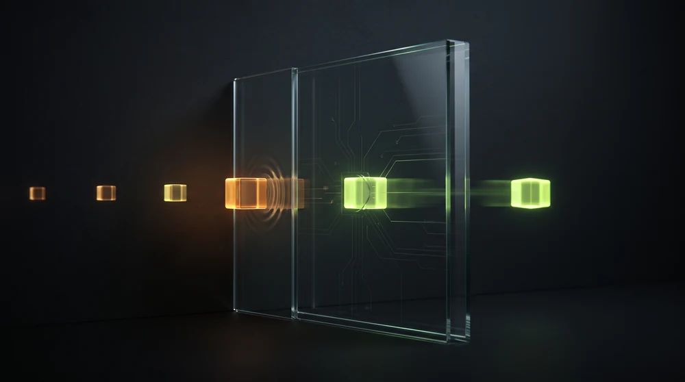 Requests arriving at a barrier: those carrying sensitive data are held back, the clean ones pass through.